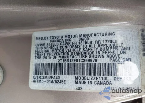 2001 Toyota Corolla Le from USA, damaged, VIN 2T1BR12E01C399979